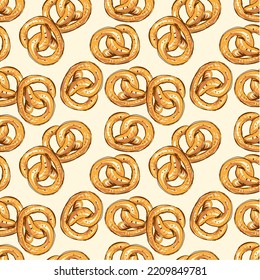 Pretzel. Salty pastries. Hand drawing. German cuisine. Seamless pattern