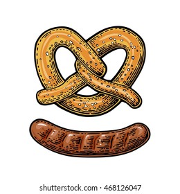 Pretzel and Sausage. Vintage vector engraving illustration for web, poster, invitation to beer party oktoberfest festival. Hand drawn design element isolated on white background.