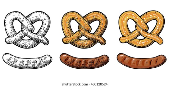 Pretzel and Sausage. Vintage vector flat and engraving illustration for web, poster, invitation to beer party. Hand drawn in three graphic styles. Isolated on white background.