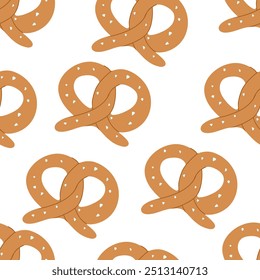 Pretzel seamless pattern. Hand-drawn doodle food. German traditional pastry. Vector isolated on white background