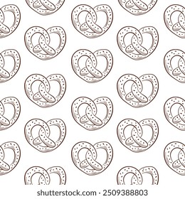 Pretzel seamless pattern in line art style. A bakery menu design product in the shape of a brezel. Vector illustration on a white background.