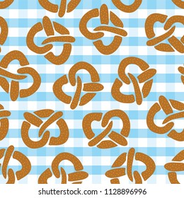 Pretzel seamless pattern for Oktoberfest on a blue and white plaid background. Vector illustration. Great for backgrounds, wrapping, fabric, and packaging.