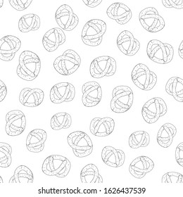 Pretzel seamless pattern on a white background. Hand drawn line drawing. Doodles. Packaging for baking, printing for textiles. Delicious pastries.Vector illustration