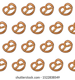 Pretzel seamless pattern. Snack seamless texture.  Traditional baking. Cafe. Snack to beer. Bar. Bread. Bakery. Textiles, wrapping paper, wallpaper design. Isolated objects.