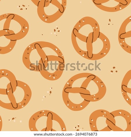 pretzel seamless pattern; traditional baked snack with twisted shape; perfect for bakery graphic, food packaging, menus- vector illustration