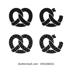 Pretzel with sesame and bite silhouette set. Simple flat clip art element design. Sign symbol for bakery cafe menu.