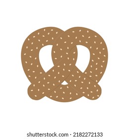 Pretzel with sesame seeds isolated on white background. Delicious bakery product. Flat Oktoberfest vector illustration. Bavarian attribute