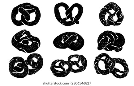 Conjunto pretzel de siluetas, pastelería tradicional de la masa torcida de ilustración vectorial