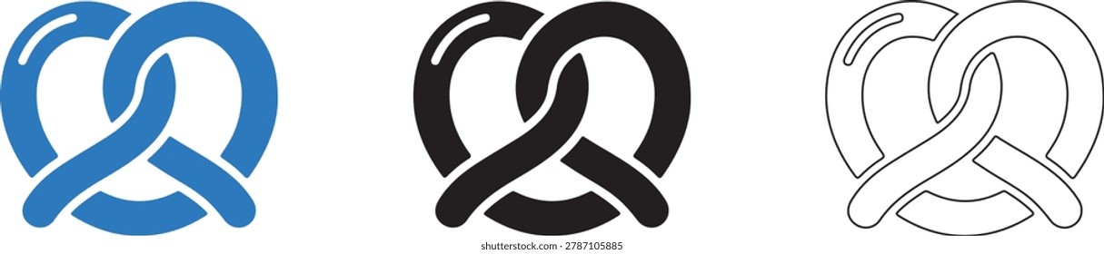 Pretzel закуска значок 3 иконки цвета значок, сплошной значок, и линии искусства прозрачный PNG хлебобулочные продукты крученые редактируемые векторные коллекции EPS