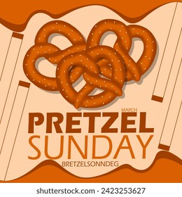 Pretzel Sunday event banner. Several pretzels topped with sesame seeds, with bold text on light brown background to celebrate on March 10 in Germany