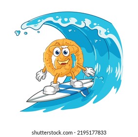 the pretzel surfing character. cartoon mascot vector