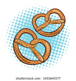 Pretzel Traditional baking. Illustration for the holiday Oktoberfest. Germany. Munich. Snack to beer. Cafe. Snack Bar. Bread. Bakery. Blue background Pop-Art.