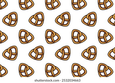 Brezel mit dreieckiger Form buntes Muster auf weißem Hintergrund. doodle Brezel Brotsymbol nahtloses Muster Hintergrund. Retro Dreieck Brezel Form nahtloses Muster für Dekor und Merchandise