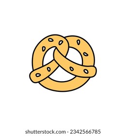 Elemento doodle vectorial Pretzel aislado. Ilustración de esquema dibujada a mano del producto de cocción con sésamo. La mano dibujó lindos doodles coloridos.