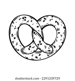 Bretzel-Vektorsymbol. Köstliches, weiches Gebäck mit knuspriger Kruste, Salz, Sesamsamen. Traditionelles deutsches Oktoberfest. Lebensmittelskizze, Line Art. Schwarz-Weiß-Clipart für Menü, Drucke, Poster, Logo