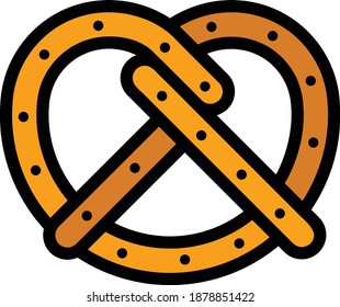 Pretzel Vector Icon in Filled Outline Style. Pretzel, a brittle, glazed-and-salted cracker of German or Alsatian origin. Vector illustration icon can be used for an app, website, or part of a logo.