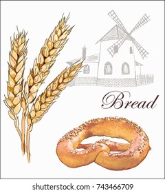 Pretzel vector illustration with ears of wheats and mill on white background