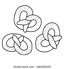 Pretzel vector line icon twisted with salt.Bakery products in doodle style.Black outline isolated on white.For web design, logo, coloring book, stamps, textile, wrapping paper, apps, menu, infographic