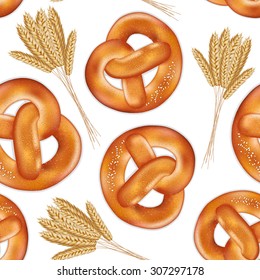 Pretzel vector seamless pattern with traditional oktoberfest germany food with Ears of wheat, Vector EPS 10