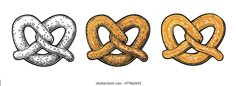 Pretzel. Vintage vector flat and engraving illustration for web, poster, invitation to beer party. Hand drawn in three graphic styles. Isolated on white background.