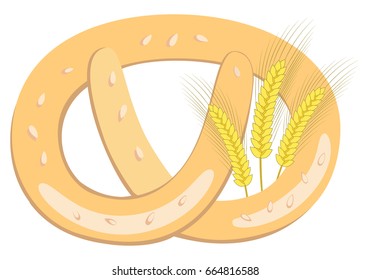 Pretzel with wheat ears isolated on white background. Oktoberfest symbol vector illustration.