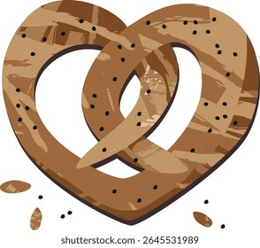 Pretzel with wheat and poppy seeds. Kitchen wall art. German aesthetic. Bakery decor. Textured vector hand painted illustration isolated on transparent background.