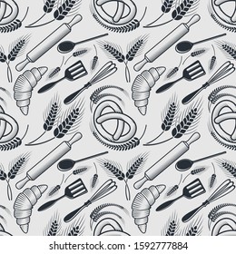 Pretzel, Whisk, Slotted Turner, Cooking Spoon and Croissant seamless pattern. Vector illustration.