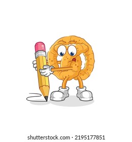 the pretzel write with pencil. cartoon mascot vector