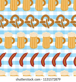 Pretzels beer sausage lined up seamless vector illustration pattern. Beer pretzel sausages in a row.Blue and white checkered background. Perfect for Oktoberfest.