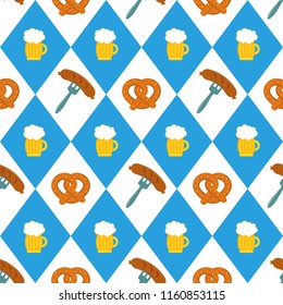 Pretzels beer sausage lined up seamless vector illustration pattern. Blue and white checkered background. Perfect for Oktoberfest