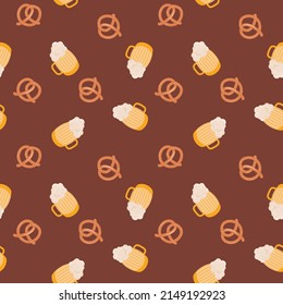 Pretzels and beer seamless pattern. Background with pretzels and beer. For textile, wrapping paper, packaging. Vector pattern.