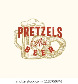 Pretzels and Beer Week Abstract Vector Sign, Symbol or Logo Template. Hand Drawn Pretzel and Mug with Classic Typography. Vintage Beer Emblem or Label. Isolated.