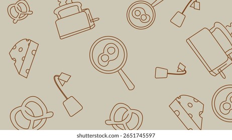 Pretzels, queijo, torradeiras e ovos fritos em estilo esboço sobre fundo pálido. Perfeito para o café da manhã ou cozinha com temas visuais.