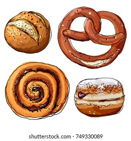Pretzels. Cinnamon bun. Donut. Baking painted lines on a white background. A sketch of food. Drawing of rolls. German cuisine