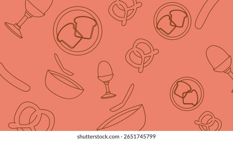 Pretzels, porta-ovos e tigelas de torrada em estilo de linha simples sobre uma base de salmão laranja. Perfeito para padaria ou design de café da manhã
