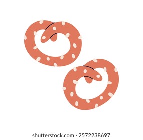 Pretzels, German dough bakery, snack with sesame seeds. Bavarian bretzels, baked salty knot buns. Traditional bread, salted food. Flat graphic vector illustration isolated on white background