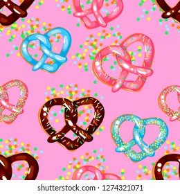 Pretzels hearts. St. Valentine day. Seamless pattern. Love. Food. Perfect for greetings, invitations, manufacture wrapping paper, textile and web design. Vector pattern. Seamless vector pattern.