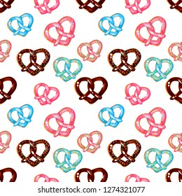 Pretzels hearts. St. Valentine day. Seamless pattern. Love. Food. Perfect for greetings, invitations, manufacture wrapping paper, textile and web design. Vector pattern. Seamless vector pattern.