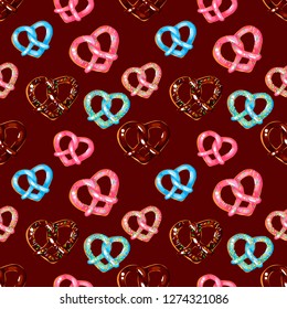 Pretzels hearts. St. Valentine day. Seamless pattern. Love. Food. Perfect for greetings, invitations, manufacture wrapping paper, textile and web design. Vector pattern. Seamless vector pattern.