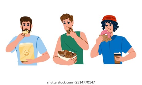 Brezeln Mann essen Snacks Vektor.  Nüsse Kekse, Süßigkeiten Schokolade, Kekse Granola Brezeln Mann Snacks Charakter essen. Menschen, flache Cartoon-Illustration