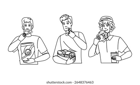 pretzels man eating snacks vector. nuts cookies, candy chocolate, biscuits granola pretzels man eating snacks character. people black line pencil drawing illustration