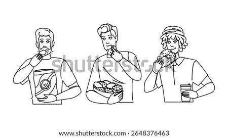 pretzels man eating snacks vector. nuts cookies, candy chocolate, biscuits granola pretzels man eating snacks character. people black line pencil drawing illustration