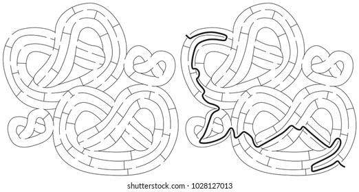 Pretzels maze for kids with a solution in black and white