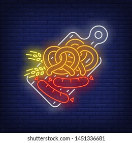 Pretzels, sausages and barley ears on cutting board neon sign. Oktoberfest, appetizer, food design. Night bright neon sign, colorful billboard, light banner. Vector illustration in neon style.