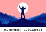 Prevail - Silhouette of man with raised hands in front of sun. Landscape, nature and mountains in background. Winner, conquer, mission accomplished concept. Vector illustration.