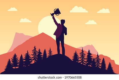 Prevail - Silhouette of man with raised hands trophy in front of sun. Landscape, nature and mountains in background. Winner, conquer, mission accomplished concept. Vector illustration. EPS