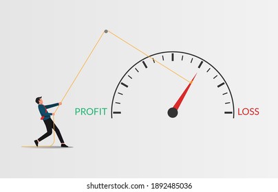 Prevent business loss strategy vector illustration. Businessman pulling pointer meter 