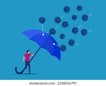 Prevent business problems. man holding an umbrella to prevent chaotic attacks