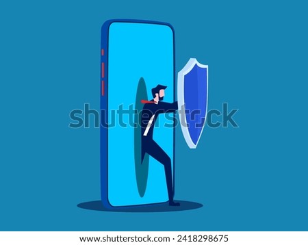 Prevent cell phone hacking. Businessman protects smartphone with shield 