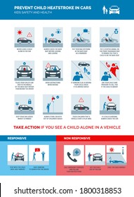 Prevent Child Heatstroke In Cars Vector Infographic, Safety Tips And First Aid For Kids Left Alone In A Car